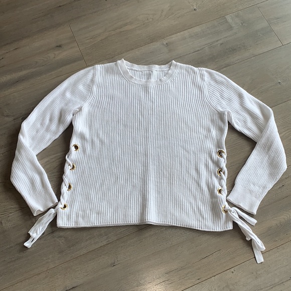 Michael Kors White Ribbed Sweater With Gold Tie Detail Medium - Picture 2 of 10